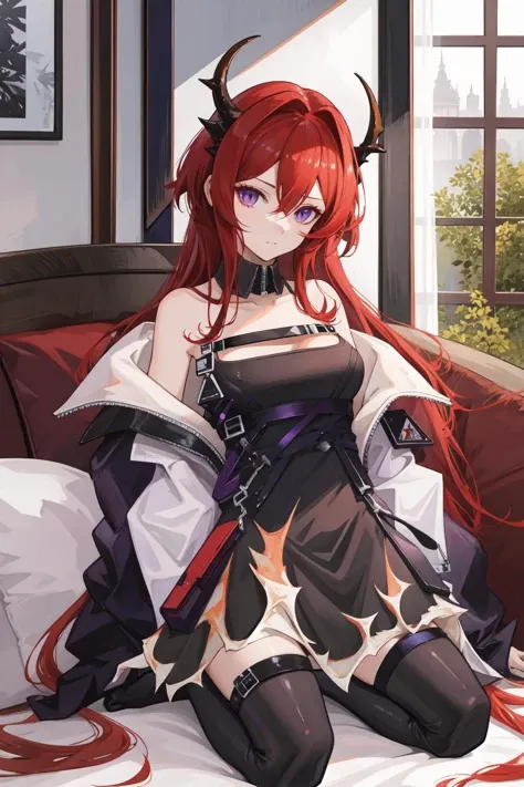 anime girl with red hair and horns sitting on a bed