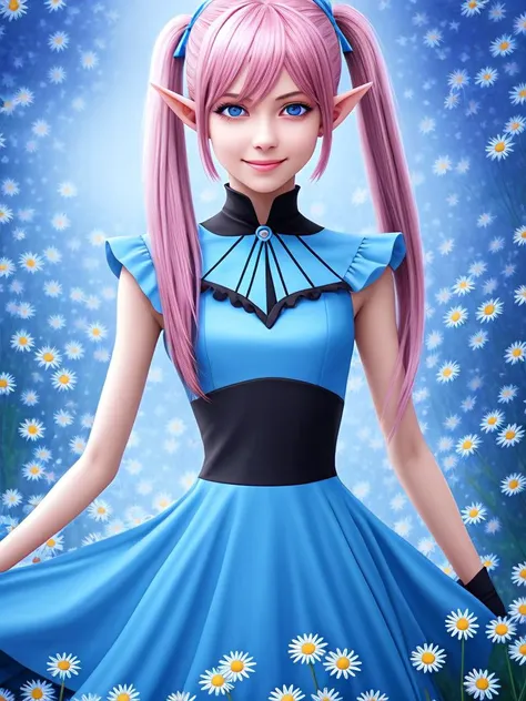 a woman in a blue dress with pink hair and a black collar