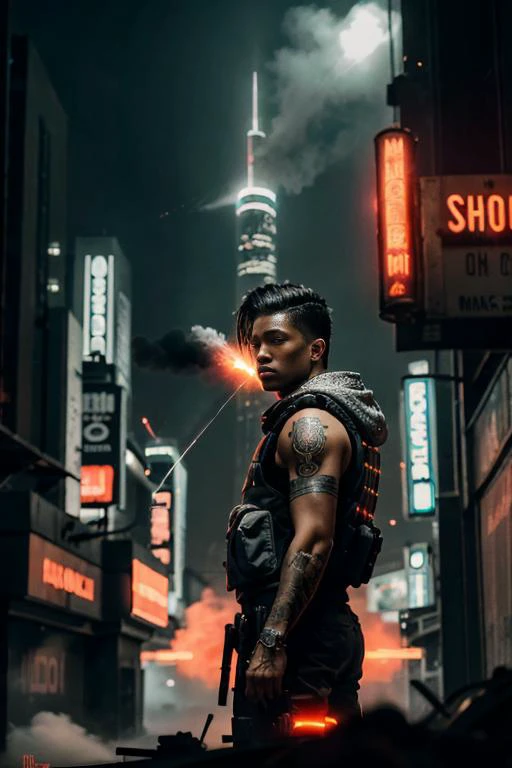 a man in a city with a gun and a neon sign