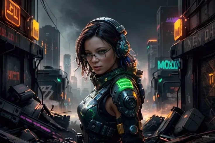 a woman in a futuristic city with a sci - fio helmet and headphones