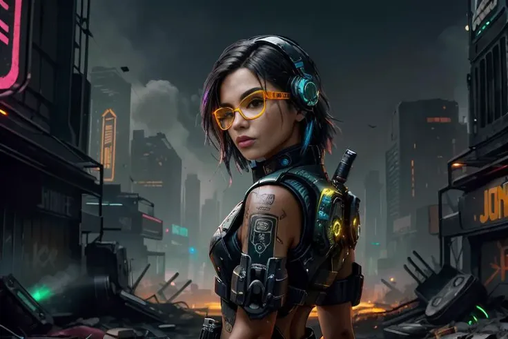 cyberpunk, helmet, glasses, weapon woman tattoos, vest, swaat gear, cropped photo, Generate an atmospheric and neon-lit cityscape at night, with towering skyscrapers and holographic advertisements illuminating the dark streets. Incorporate a sense of gritt...