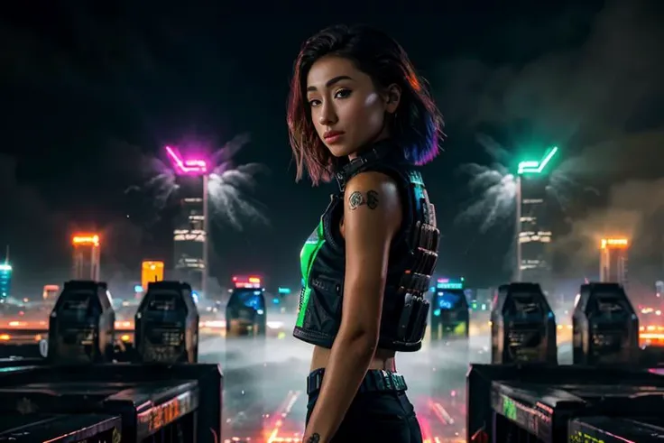 cyberpunk weapon woman tattoos, vest, swaat gear, cropped photo, Generate an atmospheric and neon-lit cityscape at night, with towering skyscrapers and holographic advertisements illuminating the dark streets. Incorporate a sense of grittiness and dystopia...