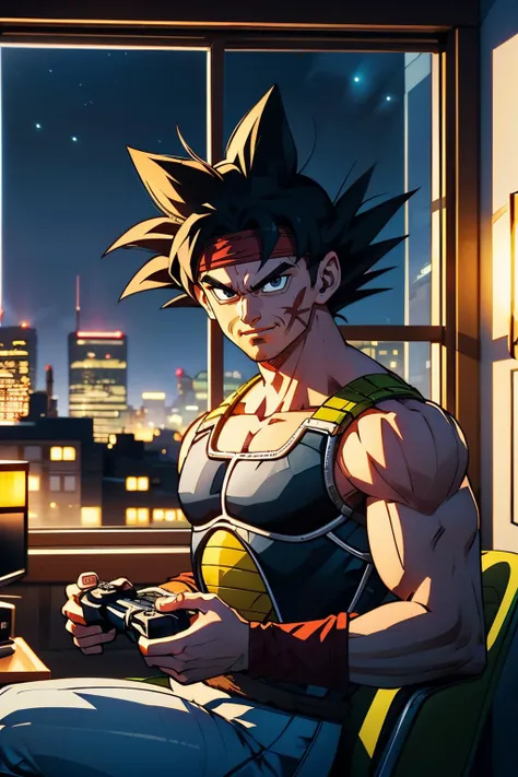 bardock, muscular male, black hair, headband, black eyes, saiyan armor, looking at viewer, serious, smirk, sitting, on chair, playing videogame, holding game controller,  inside living room, window, cityscape, night time, high quality, masterpiece,  <lora:...