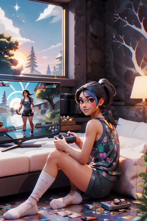 sparkle, multicolored hair, ponytail, brown eyes, makeup, disco pattern tank top, white shorts, socks, looking at viewer, smiling, side view, sitting, on floor, television, playing videogame, holding game controller, inside bedroom, messy, window, dusk, su...