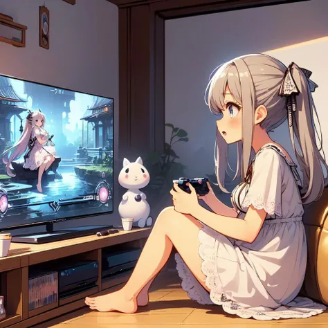 (((masterpiece))), (((best quality))),  (((from side))), (((playing videogame))), ((RPG game interface on TV)), manga bookcase, playstation, solo, ((1girl sitting sofa)), shy, blush, open mouth, big tits, ribbon, brown twintails, ((white lace dress)), peti...