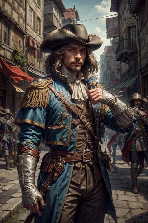 a close up of a man in a pirate costume holding a sword