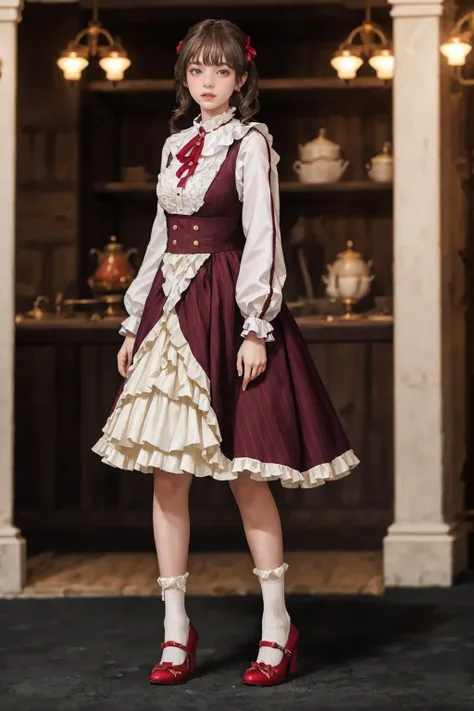 a woman in a dress and red shoes standing in a room