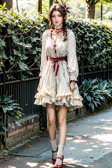 araffe dressed in a white dress and red shoes walking down a sidewalk