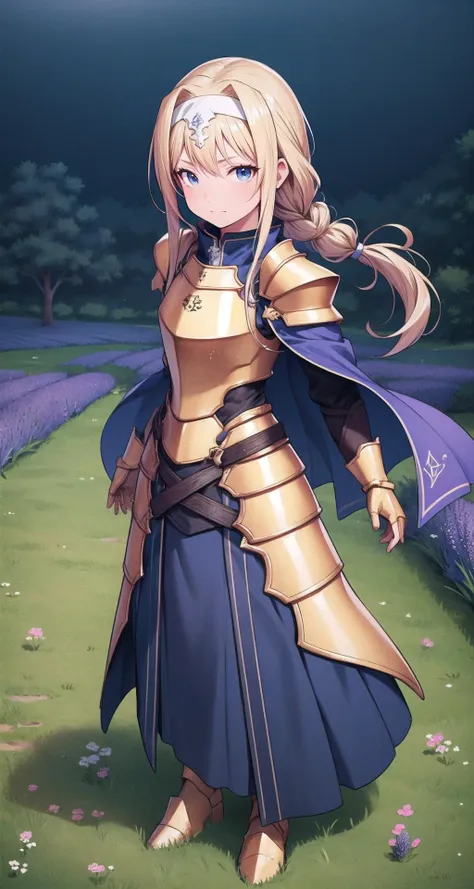 a woman in a blue dress and a gold armor standing in a field