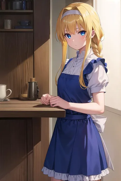 alicezuberg, <lora:alicezuberg-lora-nochekaiser:1>, 
alice zuberg, bangs, blue eyes, blonde hair, hair between eyes, very long hair, braid, hairband, white hairband,
BREAK dress, bow, ribbon, short sleeves, frills, apron, puffy short sleeves, blue dress, b...