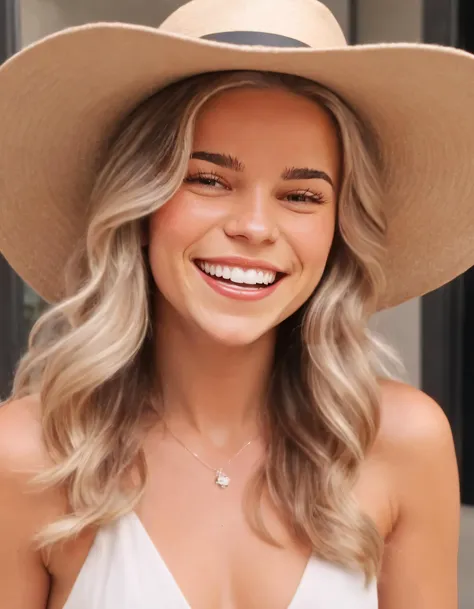 a woman wearing a hat and smiling while standing outside