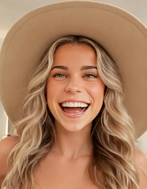 a woman with a hat on smiling and wearing a white top