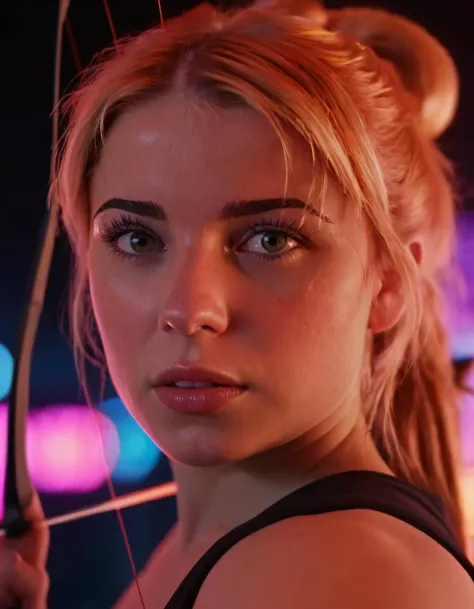 Best quality, cinematic photo centered waist up portrait, a young archer woman with fiery blond hair. Her face fills the frame, bathed in neon hues, exuding determination and mystery amidst a futuristic backdrop, 35mm photograph, film, bokeh, professional,...