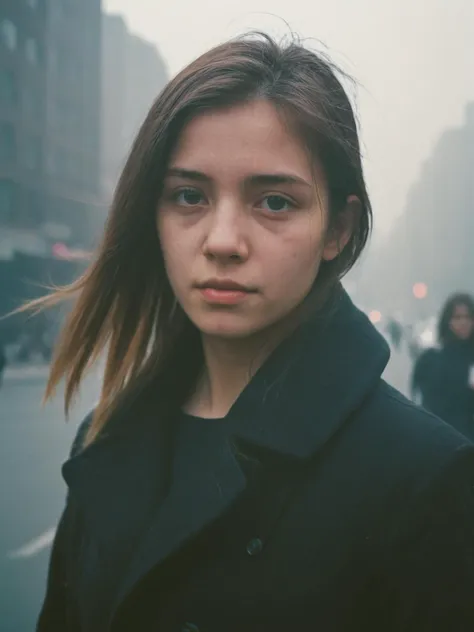 a close up of a woman in a black coat on a city street