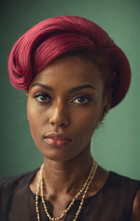 a woman with a red hair and a necklace looks at the camera