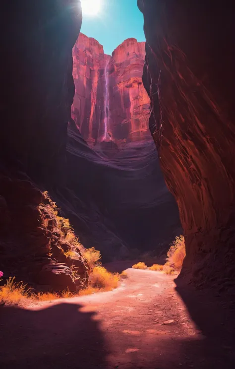 a view of a narrow canyon with a waterfall in the distance