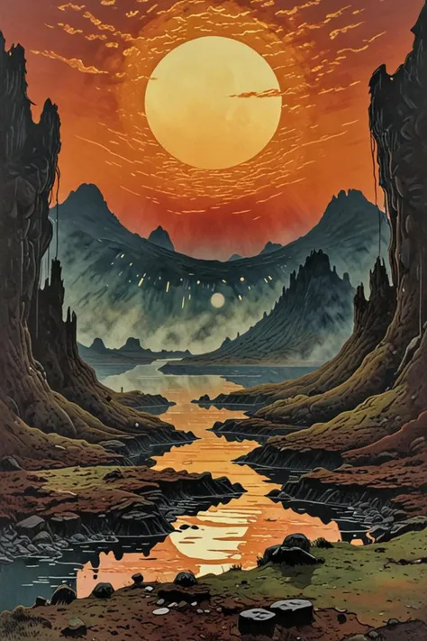 a painting of a sunset over a mountain with a river