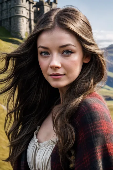 SarahB_SoloTI_v1,
(In a simple, rustic dress with a plaid shawl and wild, flowing hair, exuding a quiet strength and resilience), (Amidst the rolling hills and ancient castles of Scotland, where whispers of freedom and bravery create a symphony of determin...