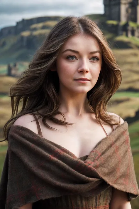 SarahB_SoloTI_v1,
(In a simple, rustic dress with a plaid shawl and wild, flowing hair, exuding a quiet strength and resilience), (Amidst the rolling hills and ancient castles of Scotland, where whispers of freedom and bravery create a symphony of determin...