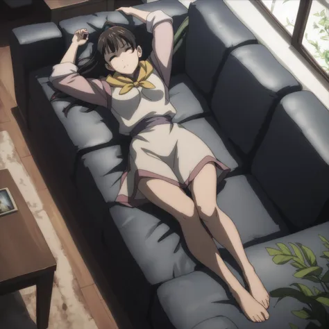 anime girl laying on a couch with her legs up