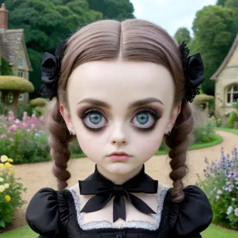 a close up of a doll with a black dress and a bow