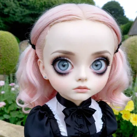 there is a doll with pink hair and blue eyes in a garden