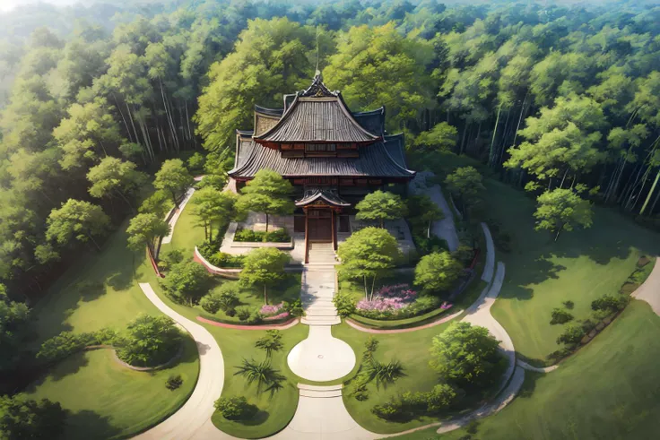 8k , masterpiece, illustrate art, hyper sharpness, high detailed, cgi, anime style, vray, radiosity,
<lora:XSArchi_110:1>, japanese house style, top view, Birdâs-eye view, zen stone garden, bamboo jungle, trees,  <lora:more_details:0.75>,  <lora:JW:0.5>