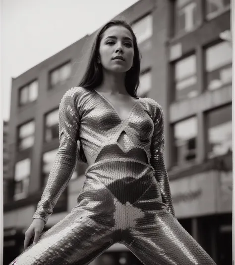 a woman in a shiny suit poses for a black and white photo