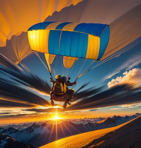 a paraglider soaring above a mountain range with the setting sun casting a golden glow