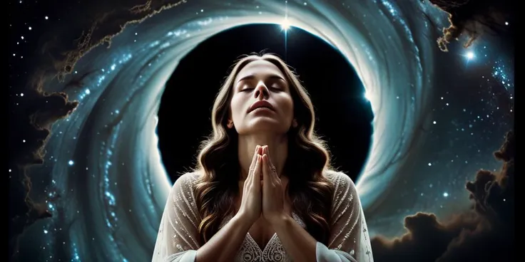 a woman in white dress praying in front of a spiral