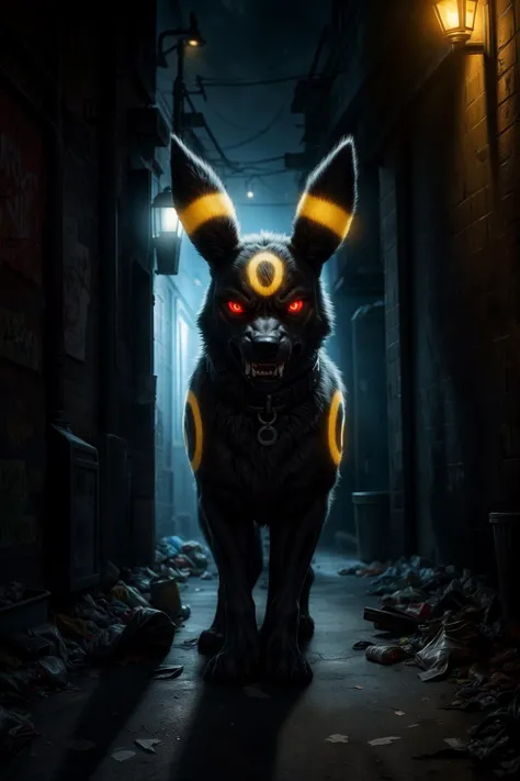 feral umbreon, standing, menacing, growling, angry, detailed fur, realistic fur, intense, glowing eyes, looking at viewer, collar, glowing, dark alley, trash, broken window, backlight, night, detail, (photorealistic:1.3) <lora:Hyper-SD15-12steps-CFG-lora:1...