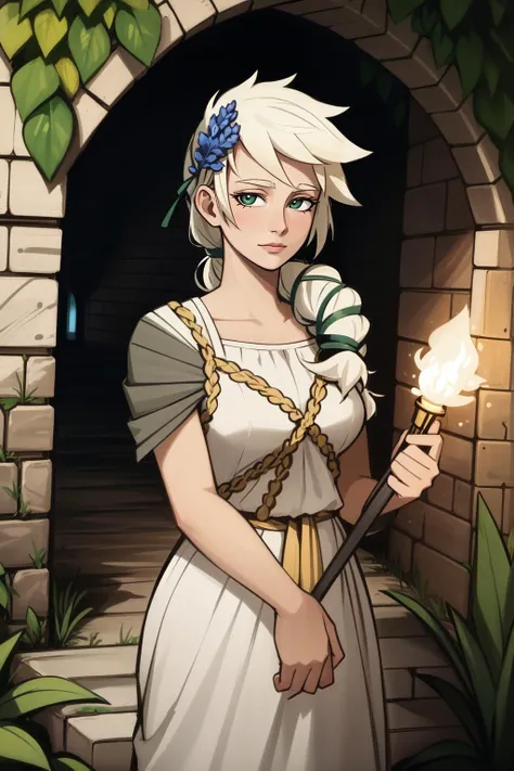 a woman in a white dress holding a wand and a flower