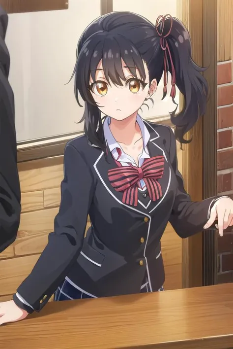 hasukikomai, <lora:hasuki komai s1-lora-nochekaiser:1>,
hasuki komai, (black hair:1.5), ribbon, (brown eyes:1.5), hair ribbon, side ponytail,
BREAK bow, school uniform, jacket, striped, bowtie, black jacket, blazer, striped bow, striped bowtie,
BREAK indoo...