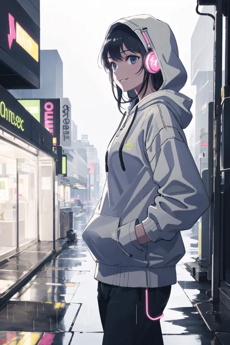 masterpiece,1girl,solo,incredibly absurdres,hoodie,headphones, street,outdoors,rain,neon lights, light smile, hood up, hands in pockets, looking away, from side