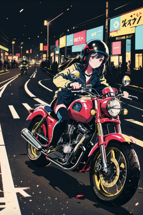 anime girl riding a motorcycle on a city street at night