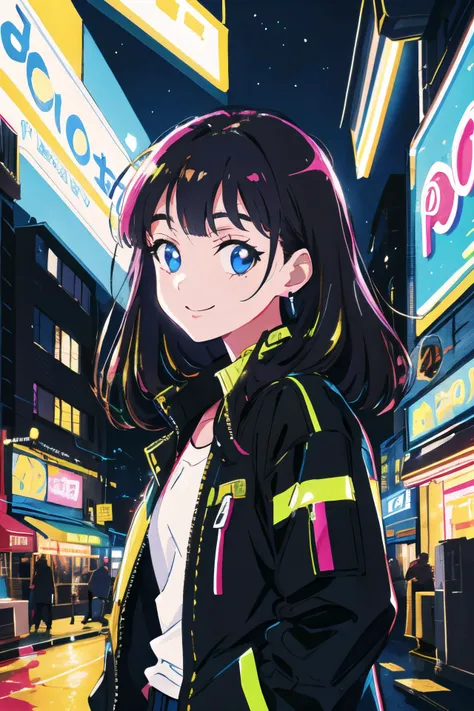 a girl in a black jacket standing in front of a neon city