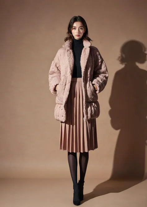 a woman in a pink coat and plea skirt standing in front of a brown wall