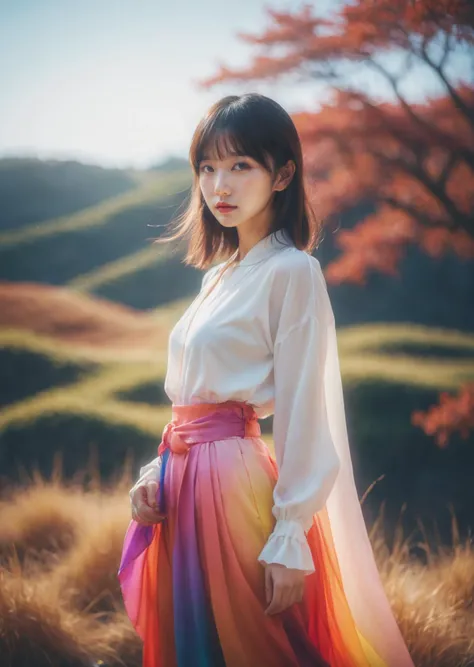 a woman in a white shirt and colorful skirt standing in a field