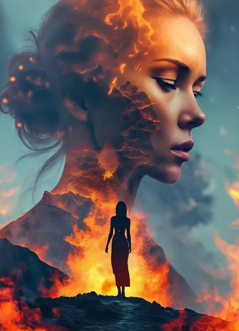 science fiction, illustration of a woman merged a volcanic movie scene, firewalker, artistic, abstract,
jed-dblexpsre effect , d...