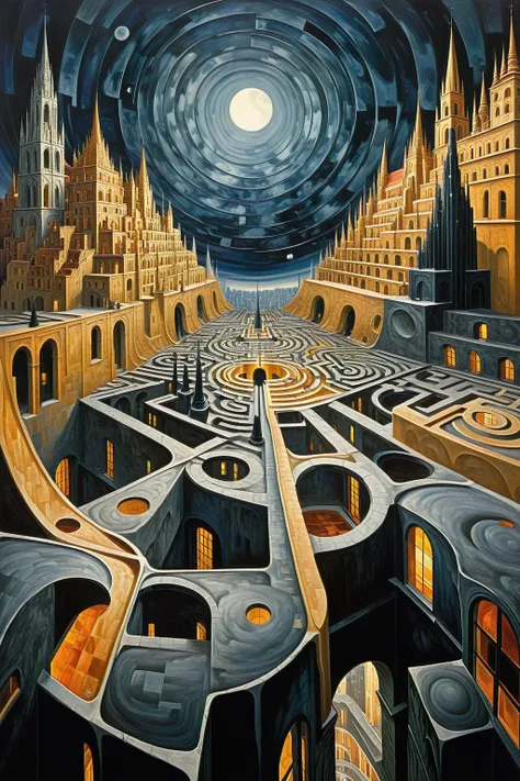 painting of a maze with a man walking through it