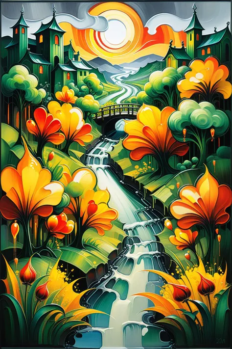 painting of a painting of a river with flowers and a bridge