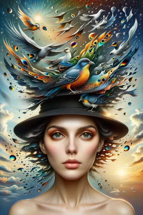 a woman with a hat and birds on her head