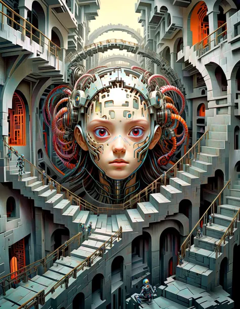 portrait, (1girl cyborg:1.25) her (face:1.1) made of impossible staircase (architecture:1.2) Endless staircases intertwining in an impossible loop, bending the laws of physics, with surreal, vibrant colors and intricate detailing, a mind-bending Escherian ...