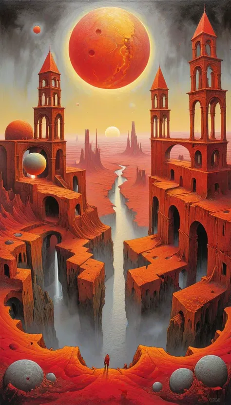 Acrylic Painting a vivid scifi illustration of landscape of a deserted planet with three moons of different sizes, ruins of a fantastic city in the style of the painter ZdzisBaw BeksiDski, 
red-yellow ambient ral-lava, <lora:ral-lava-sdxl:0.3>, escher, <lo...