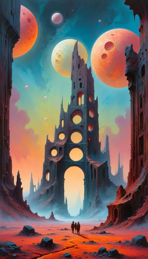 Acrylic Painting a vivid scifi illustration of landscape of a deserted planet with three moons of different sizes, ruins of a fantastic city in the style of the painter ZdzisBaw BeksiDski, 
ral-lava, <lora:ral-lava-sdxl:0.3>