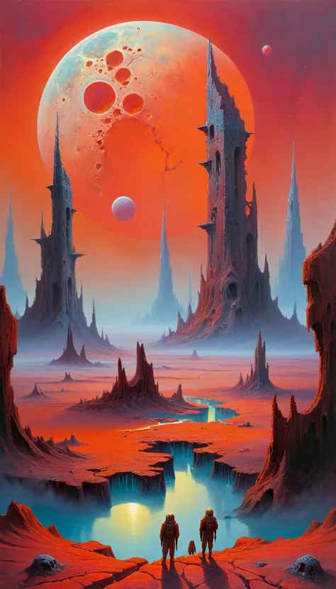 Acrylic Painting a vivid scifi illustration of landscape of a deserted planet with three moons of different sizes, ruins of a fantastic city in the style of the painter ZdzisBaw BeksiDski, 
ral-lava, <lora:ral-lava-sdxl:0.3>