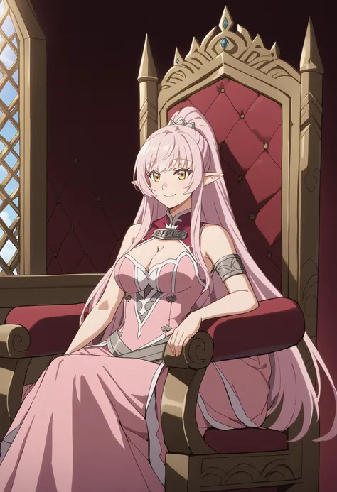 sysdeep_ariane, 1girl, solo, long hair, breasts, cleavage, very long hair, ponytail, yellow eyes, pink hair, gray hair, sidelocks, day, pointy ear elf, princess dress, pink dress, throne, sitting, smile, <lora:Ariane Glenys Maple - [Skeleton Knight in Anot...