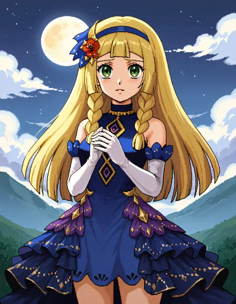 a cartoon image of a woman in a blue dress with long blonde hair