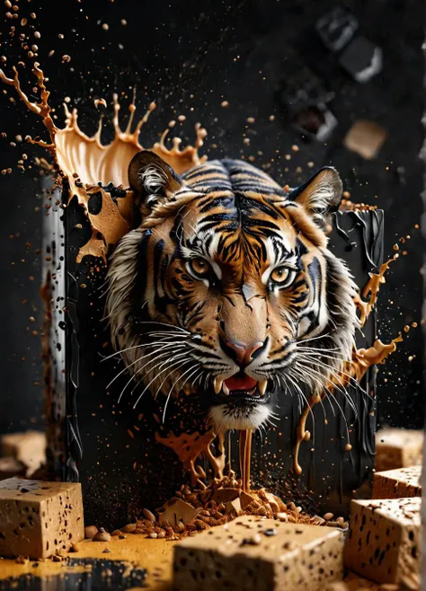 real photo, photorealistic, close-up photo of a beautiful black tiger rising vertically breaking through a cube made of coffee, splintered cracked surface, milk dripping from tiger, melting coffee, sharp focus, bokeh, 