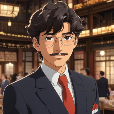 Cinematic (anime:2.8) scene of a young handsome cute man with a cute mustache, he is kind and happy, he is wearing a 1950s suit, he has a wavy middle part hair and tanned skin, young and handsome, good looking, he is in 1950s party, fancy, event, (Hayao Mi...